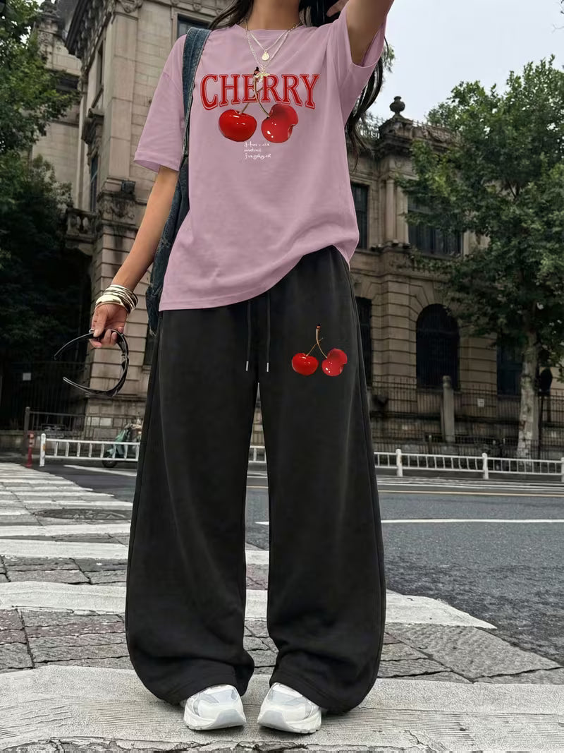 Cherry Graphic Oversized Tee & Wide-Leg Trouser Set - Summer