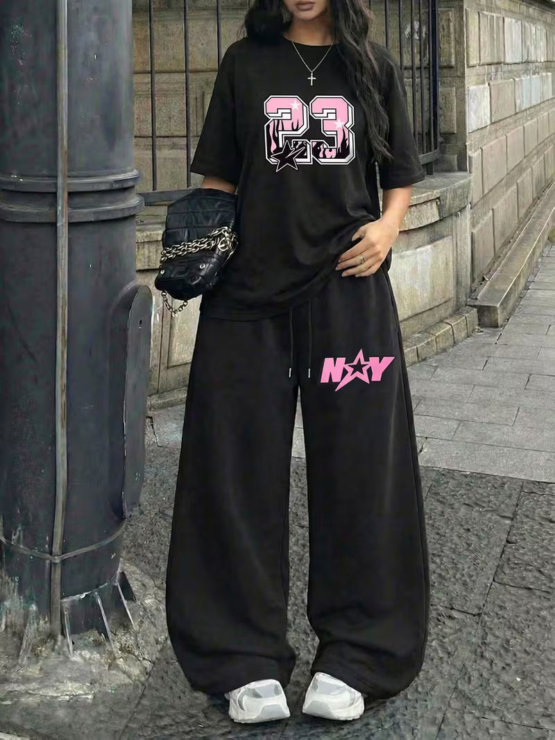 Signature NY "23" Oversized Tee &  Black Wide-Leg Trouser Set