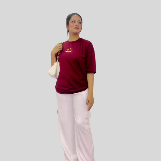 Womens Maroon Oversized Drop Shoulder Tshirt & White Cargo Trouser Coord Set