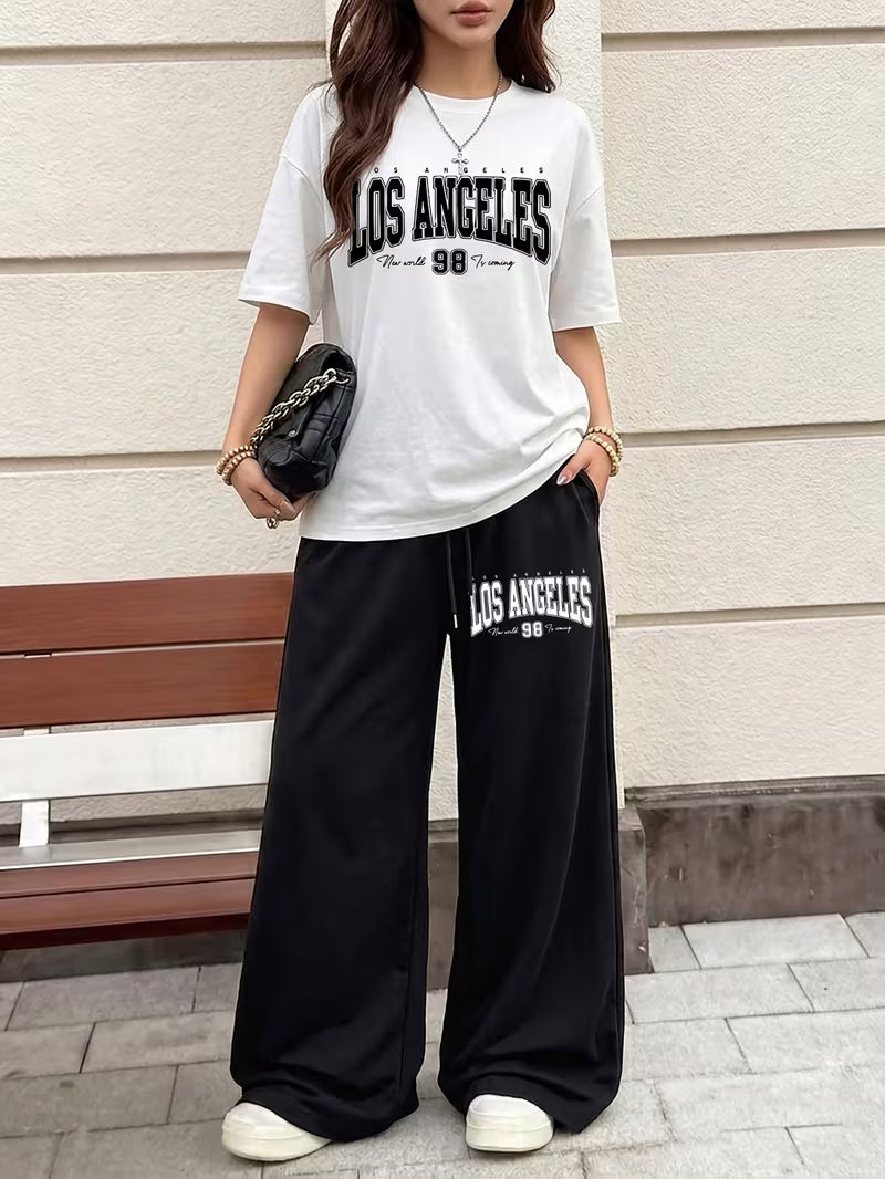 Los Angeles Graphic Oversized Tee & Black Wide-Leg Trouser Set