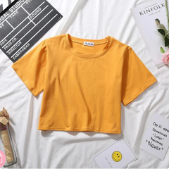 Women's Cotton Plain Round Neck Half Sleeve Crop Top - Mustard