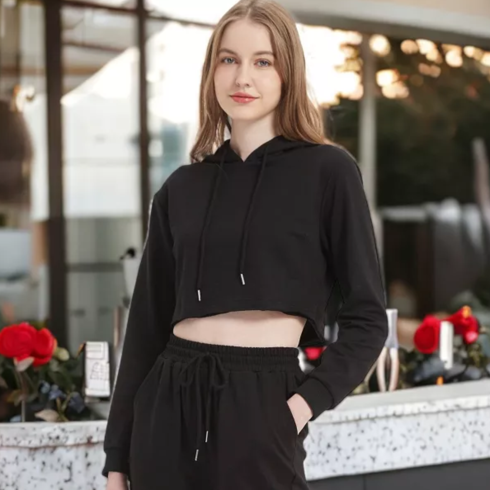 Womens Essential Black Crop Hoodie