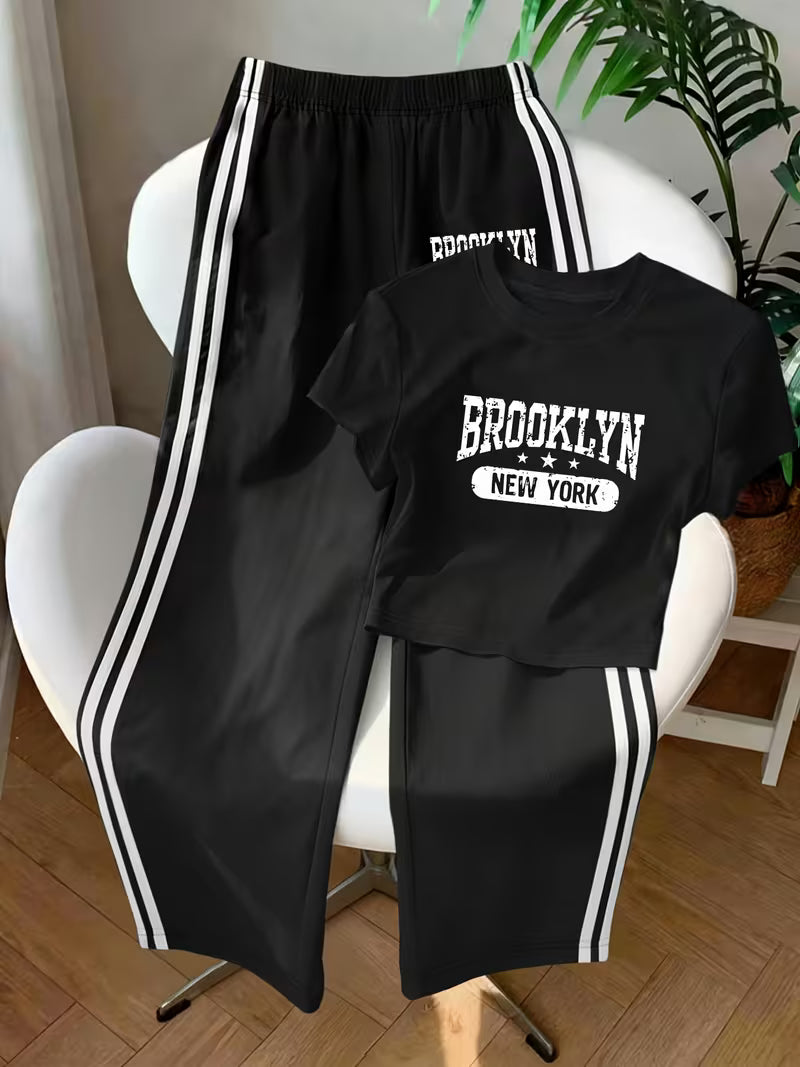 Brooklyn Graphic Crop Tee & Black Side-Stripe Wide-Leg Trouser Set