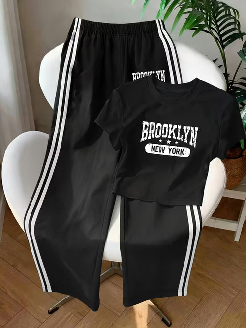 Brooklyn Graphic Crop Tee & Black Side-Stripe Wide-Leg Trouser Set