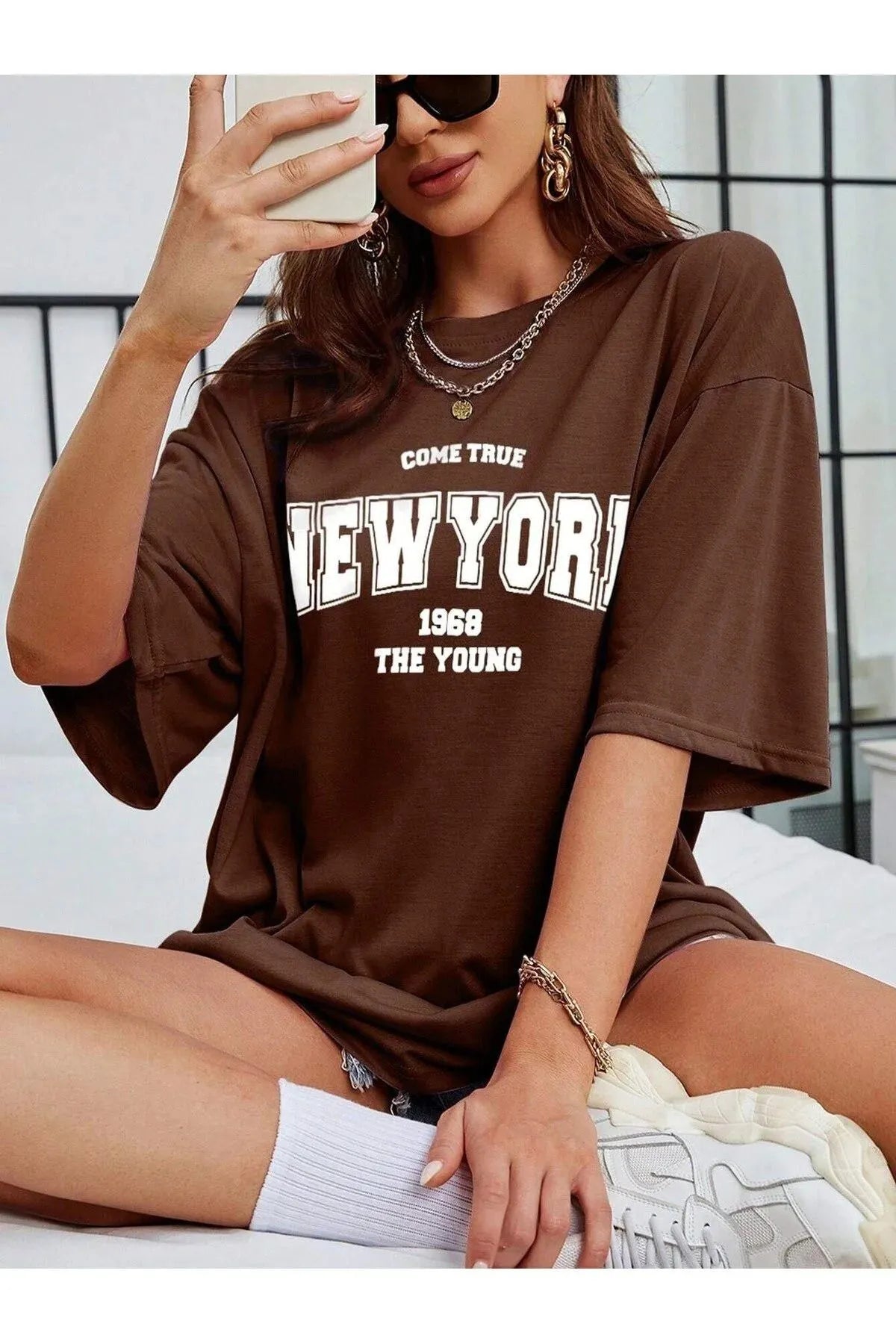Women New York Print Oversized Tee – Dark Brown