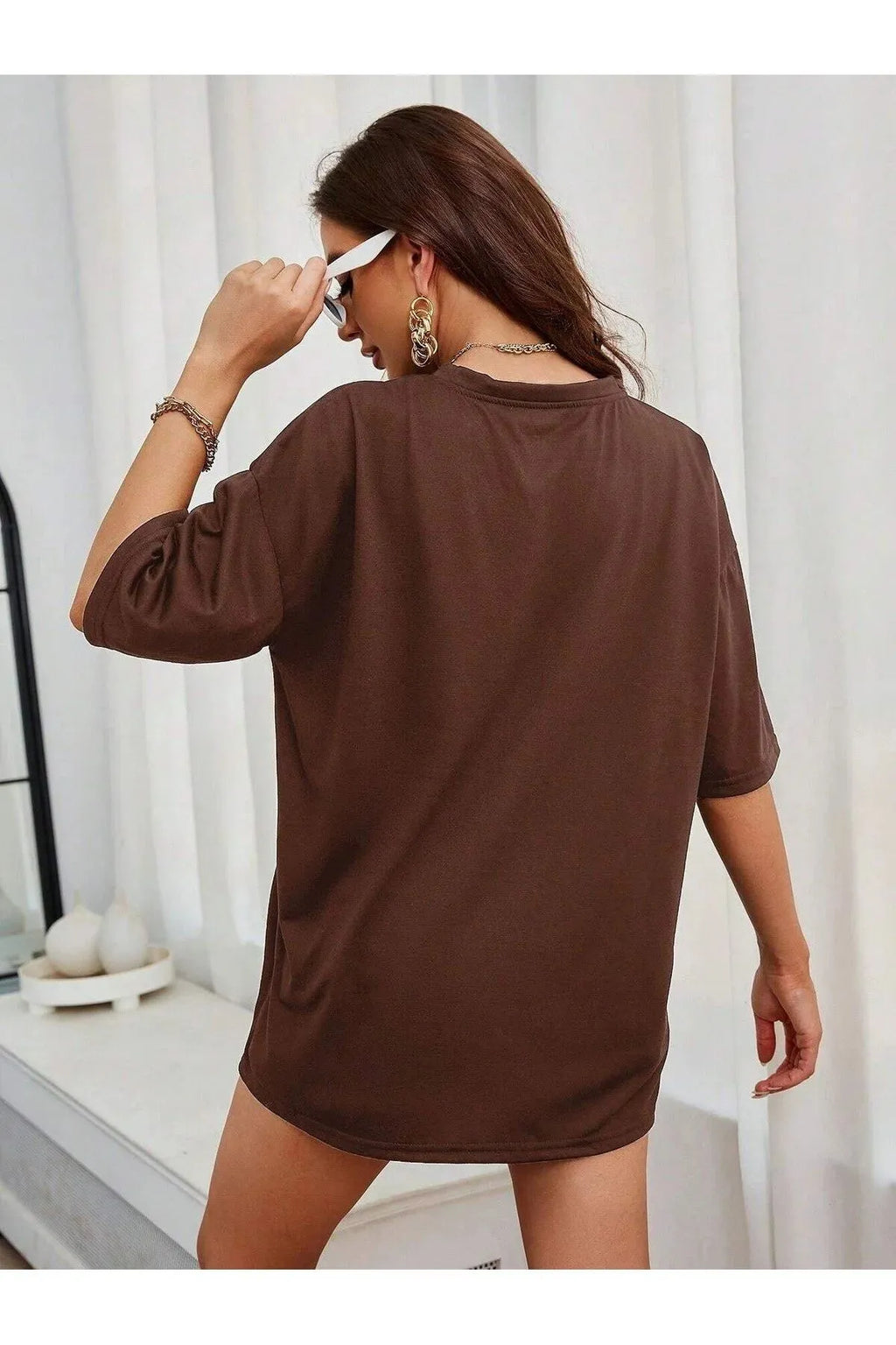 Women New York Print Oversized Tee – Dark Brown