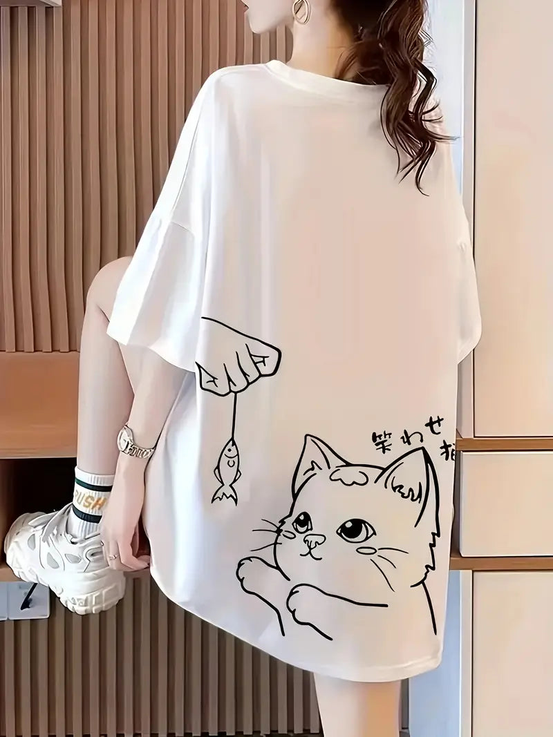 White Oversized T-Shirt with Back Cat Print – Women's