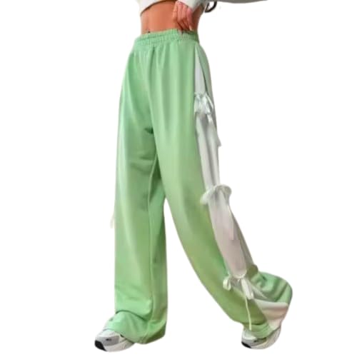 Womens Cute Summer Wide-Leg Trousers with Side Bow Details - Green