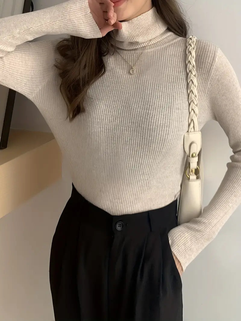 Solid Color Turtleneck Sweater, Casual Long Sleeve Slim Versatile Sweater,