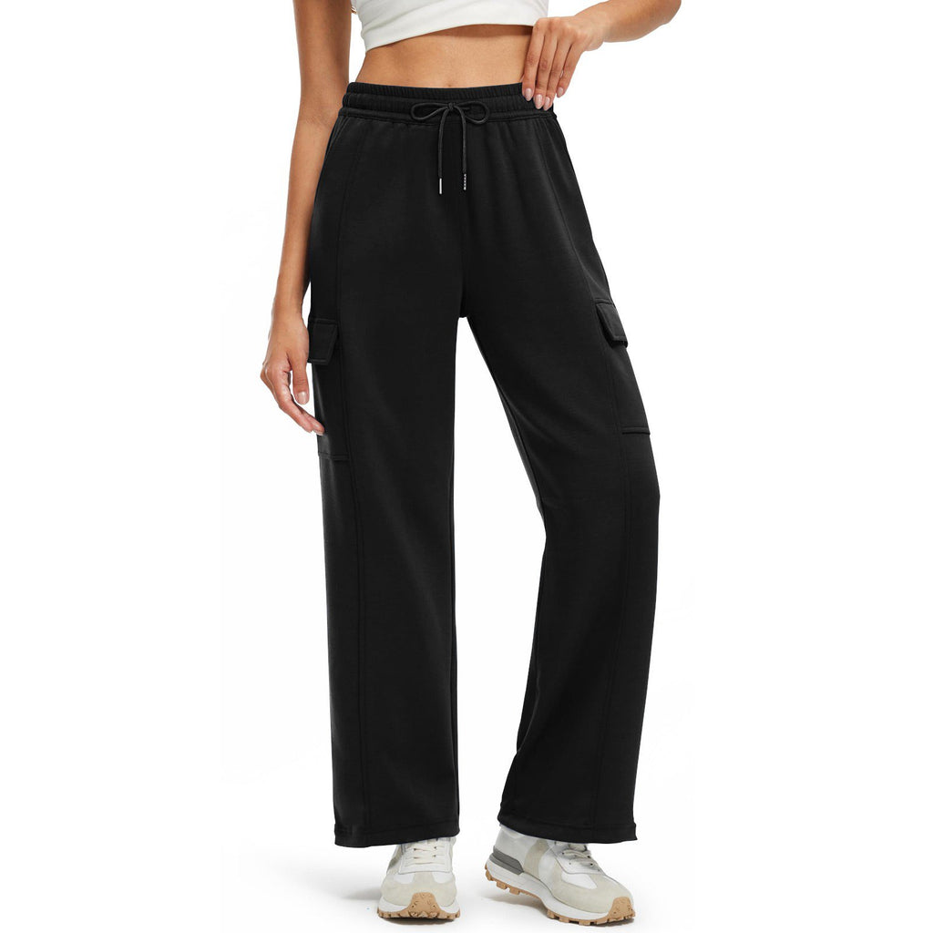 Women's Black Flap Pocket Side Cargo Trouser Drawstring Waist Wide Leg Pants