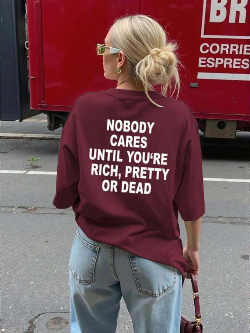 “No Body Cares” Graphic Tee – Maroon Oversized Fit