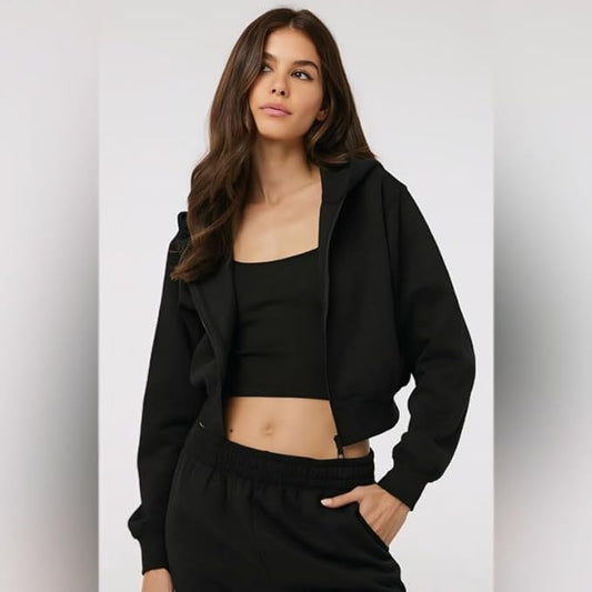 Womens Essential Black Zip Crop Hoodie