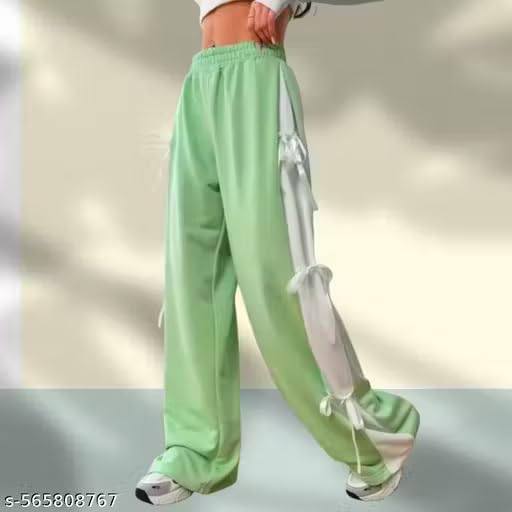 Womens Cute Summer Wide-Leg Trousers with Side Bow Details - Green