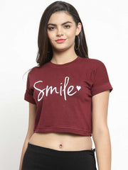 Women's Cotton Printed Round Neck Half Sleeve Crop Top - Maroon