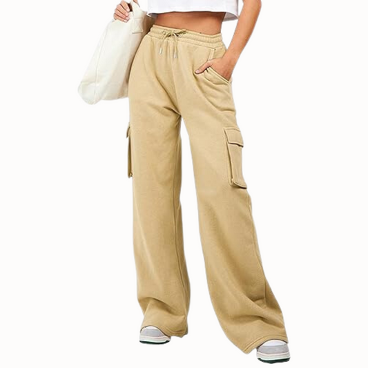 Women Beige Flap Pocket Cargo Trousers