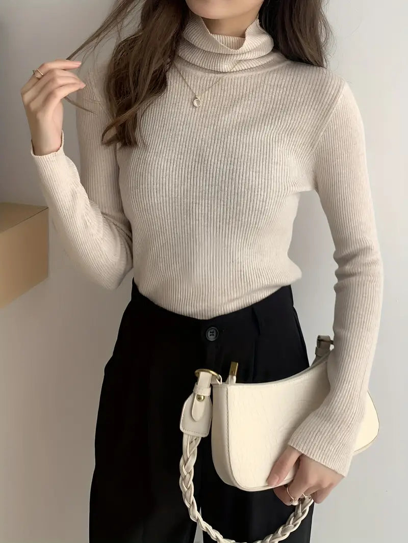 Solid Color Turtleneck Sweater, Casual Long Sleeve Slim Versatile Sweater,