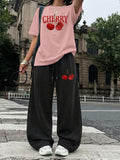 Cherry Graphic Oversized Tee & Wide-Leg Trouser Set - Summer