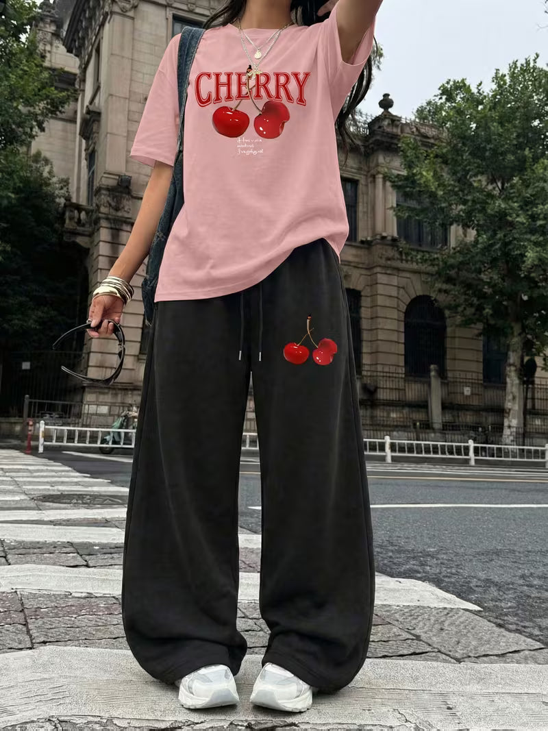 Cherry Graphic Oversized Tee & Wide-Leg Trouser Set - Summer