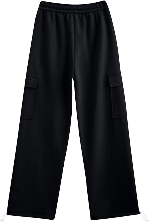 Women's Black Flap Pocket Side Cargo Trouser Drawstring Waist Wide Leg Pants
