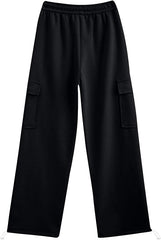 Women's Black Flap Pocket Side Cargo Trouser Drawstring Waist Wide Leg Pants