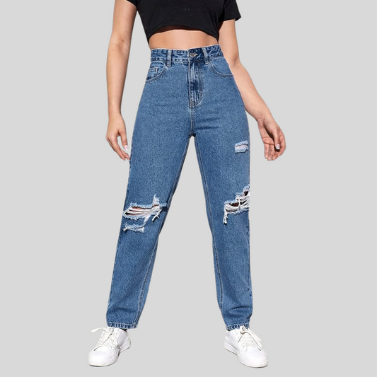 Blue High Waist Ripped Mom Jeans