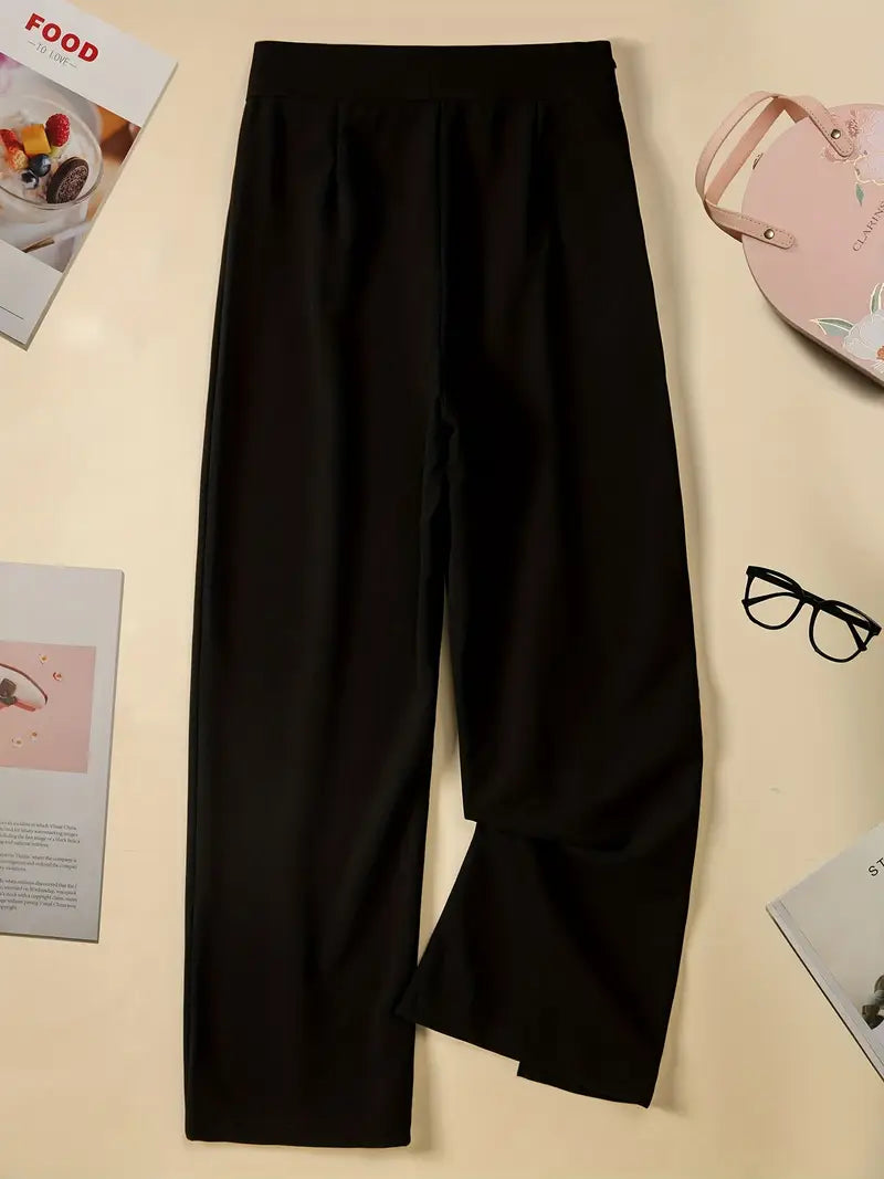 Sleek Flow- Front Slit Baggy Trousers in Black