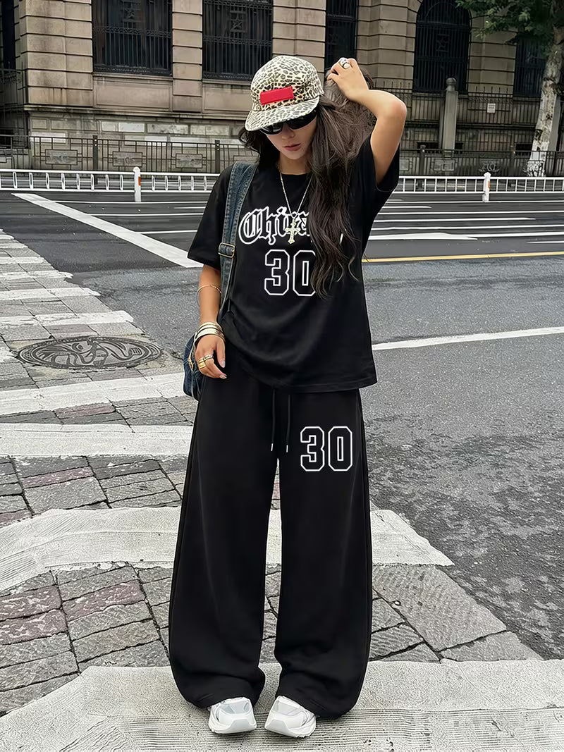 Chicago 30' Graphic Oversized Tee & Wide-Leg Trouser Set
