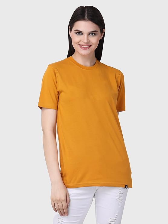 Womens Mustard Plain Round Neck Tshirt