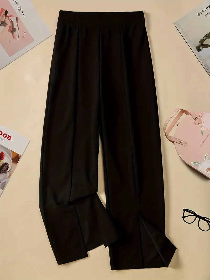 Sleek Flow- Front Slit Baggy Trousers in Black