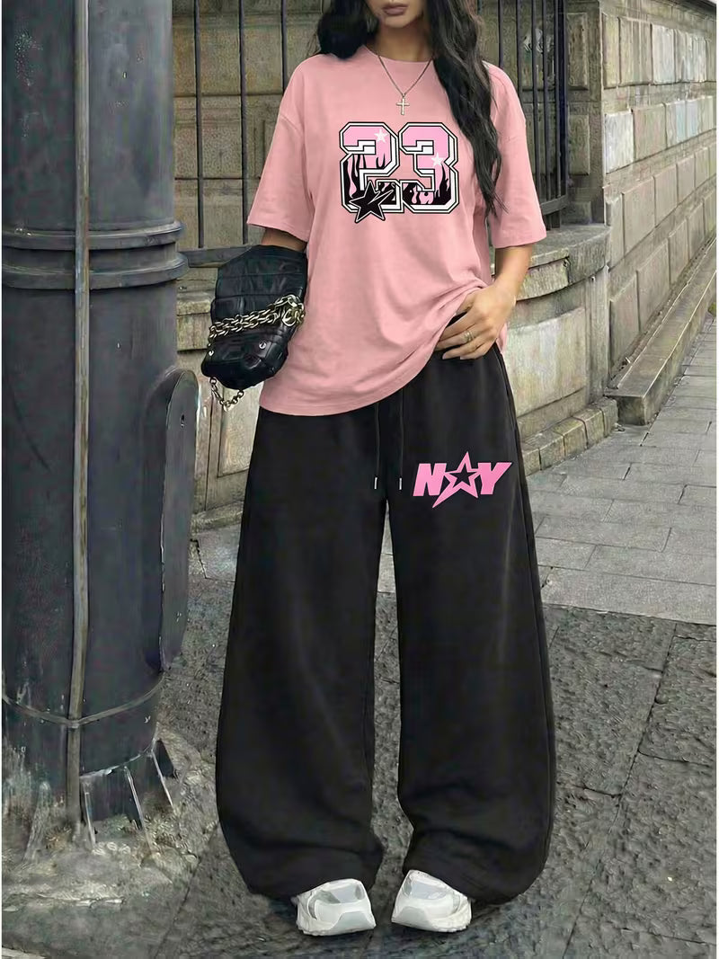 Signature NY "23" Oversized Tee &  Black Wide-Leg Trouser Set