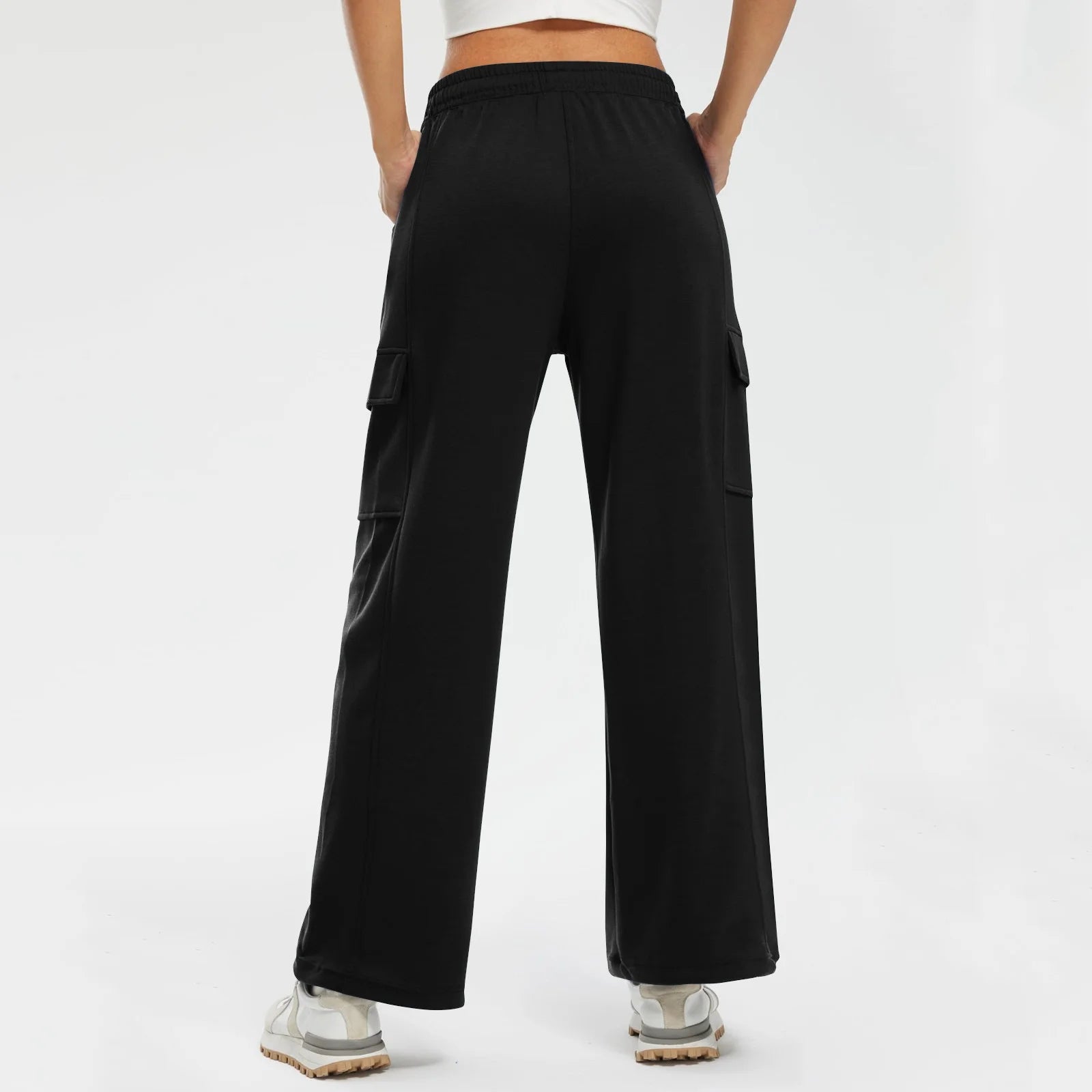 Women's Black Flap Pocket Side Cargo Trouser Drawstring Waist Wide Leg Pants