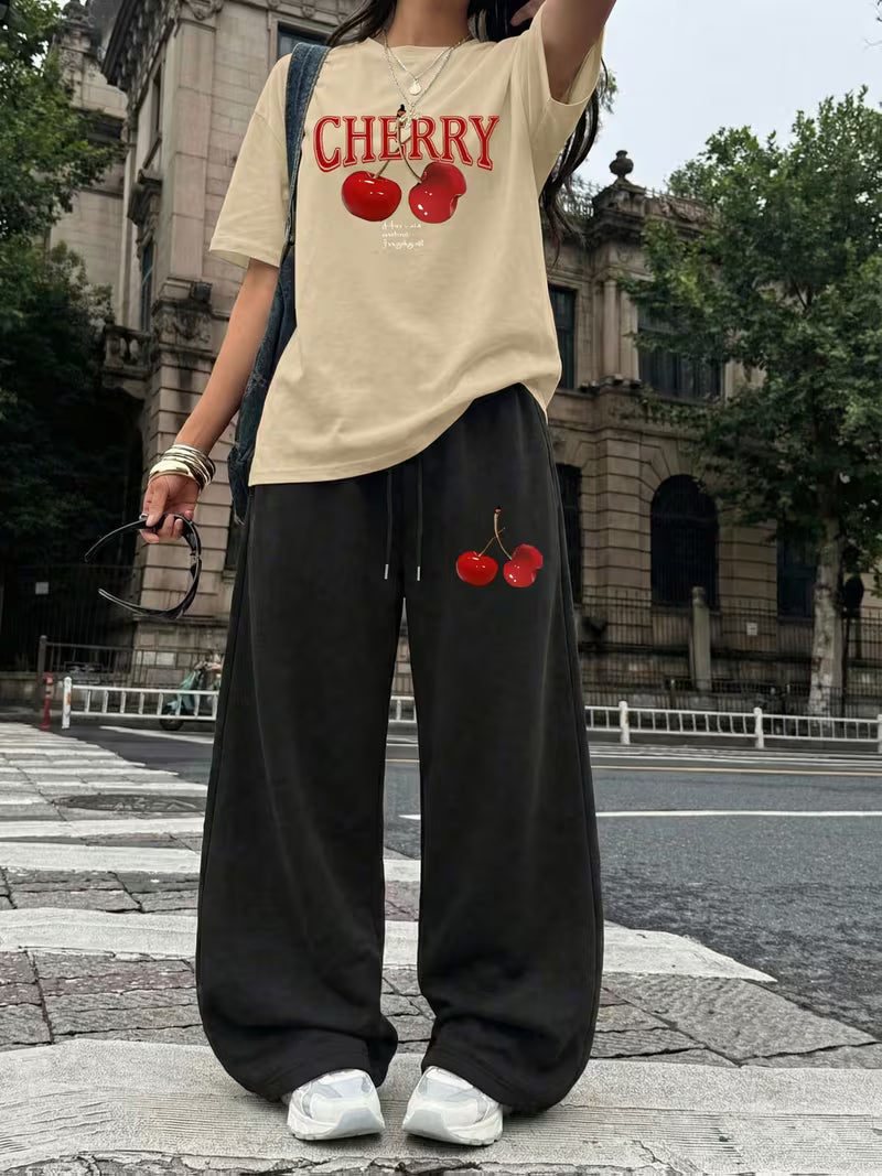Cherry Graphic Oversized Tee & Wide-Leg Trouser Set - Summer