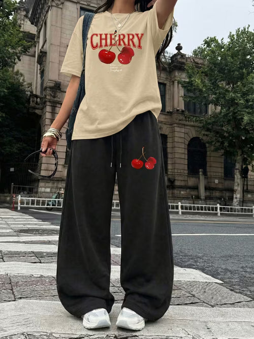 Cherry Graphic Oversized Tee & Wide-Leg Trouser Set - Summer