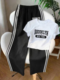 Brooklyn Graphic Crop Tee & Black Side-Stripe Wide-Leg Trouser Set