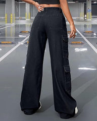 Womens Black Trendy Cargo Pockets Jeans