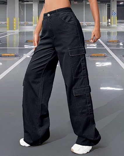 Womens Black Trendy Cargo Pockets Jeans