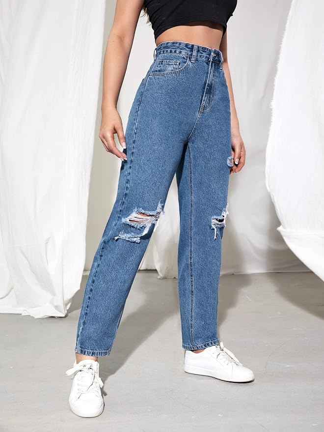 Blue High Waist Ripped Mom Jeans