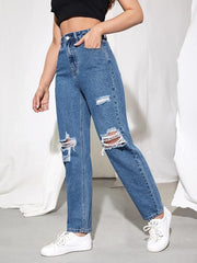 Blue High Waist Ripped Mom Jeans