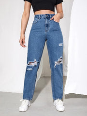 Blue High Waist Ripped Mom Jeans