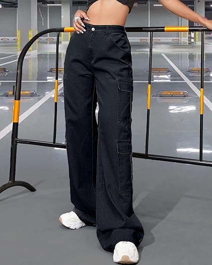 Womens Black Trendy Cargo Pockets Jeans