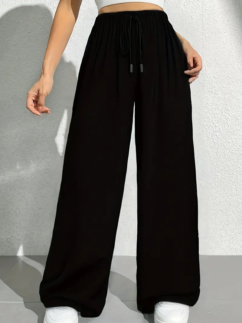Black Plain Wide-Leg Summer Trousers