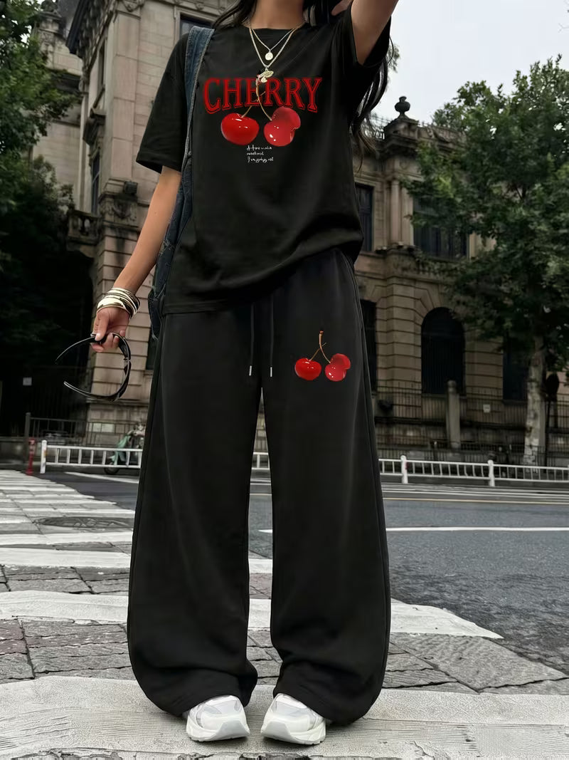 Cherry Graphic Oversized Tee & Wide-Leg Trouser Set - Summer