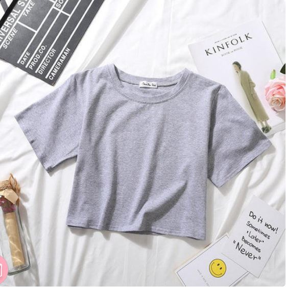 Women's Cotton Plain Round Neck Half Sleeve Crop Top - Grey