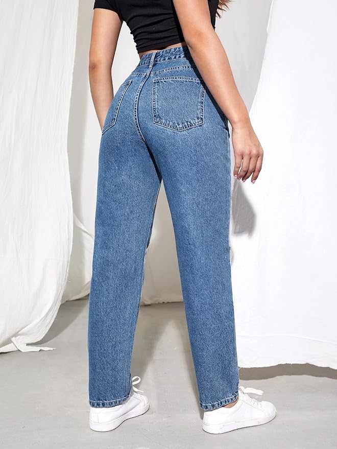 Blue High Waist Ripped Mom Jeans