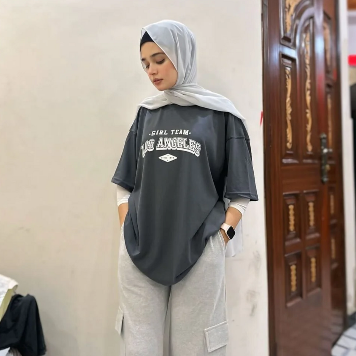 WOMENS STEEL GREY OVERSIZED DROP SHOULDER TSHIRT AND CARGO WIDE LEG TROUSER COORD