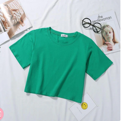 •	Women's Cotton Plain Round Neck Half Sleeve Crop Top - Green