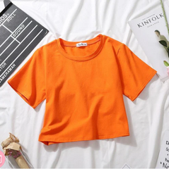 Women's Cotton Plain Round Neck Half Sleeve Crop Top - Orange