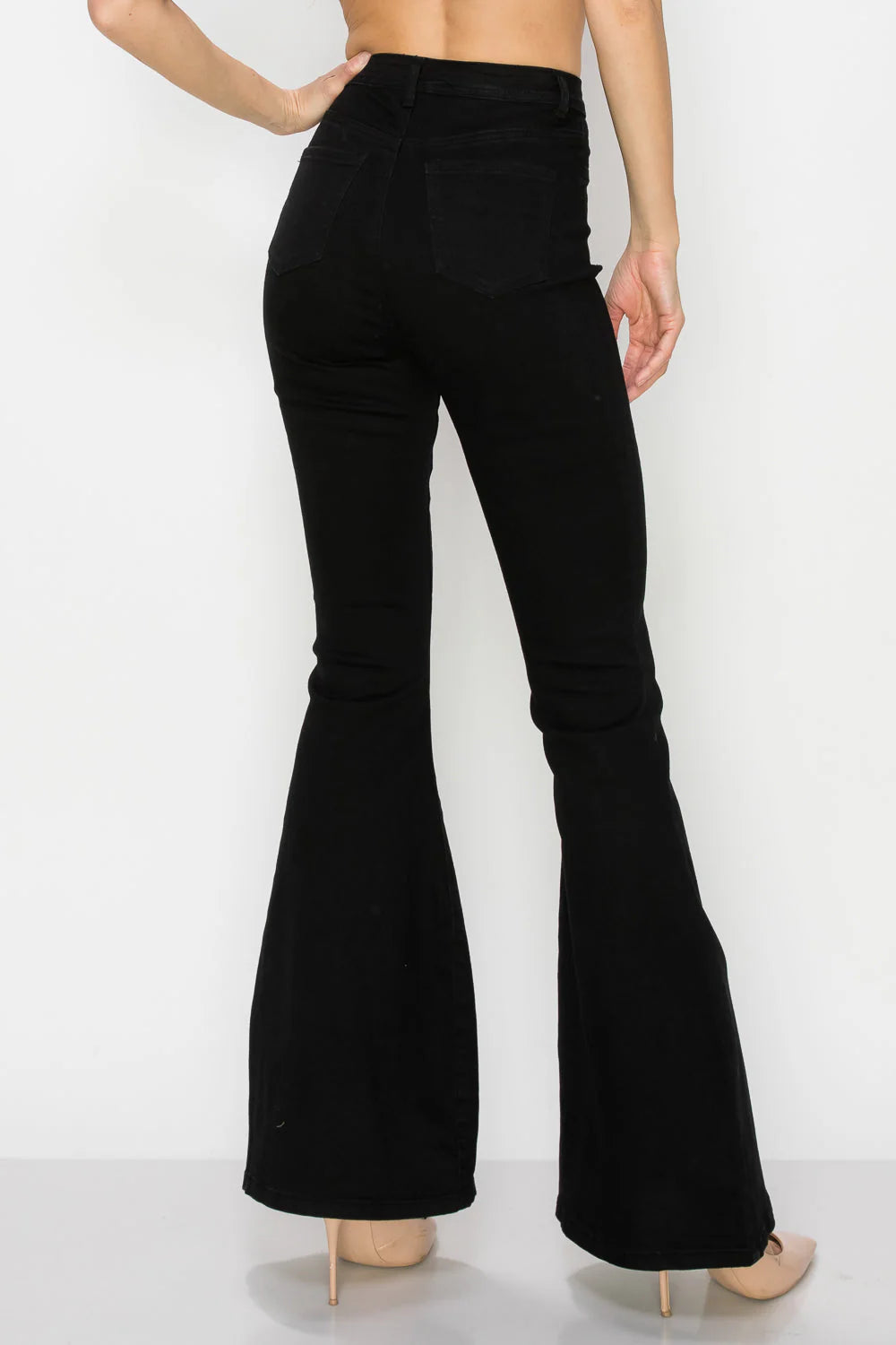 WOMENS HIGH WAISTED STRETCHY BELL BOTTOM JEANS BLACK