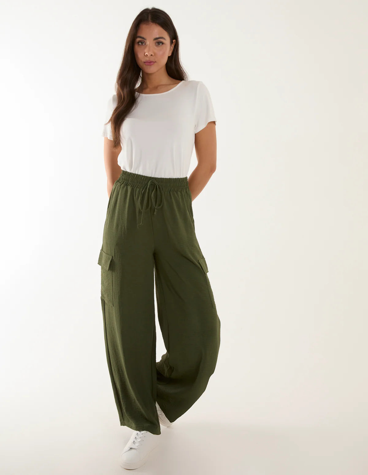"Women's Olive Green Cargo Wide-Leg Pants – Street Style Ready"