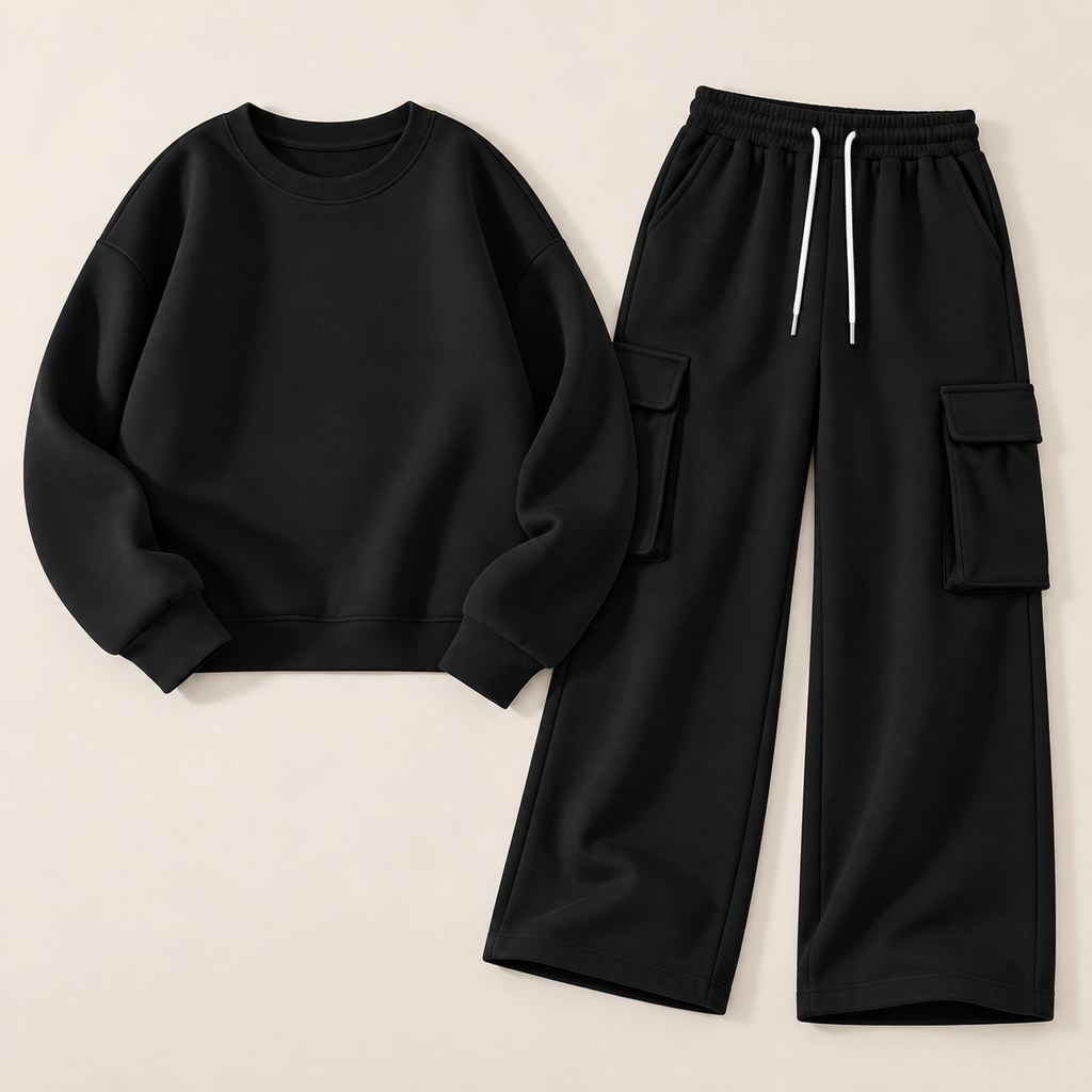 Pack of 2 – Women's Fleece Basic Sweatshirt & Black Wide-Leg Cargo Trouser Set